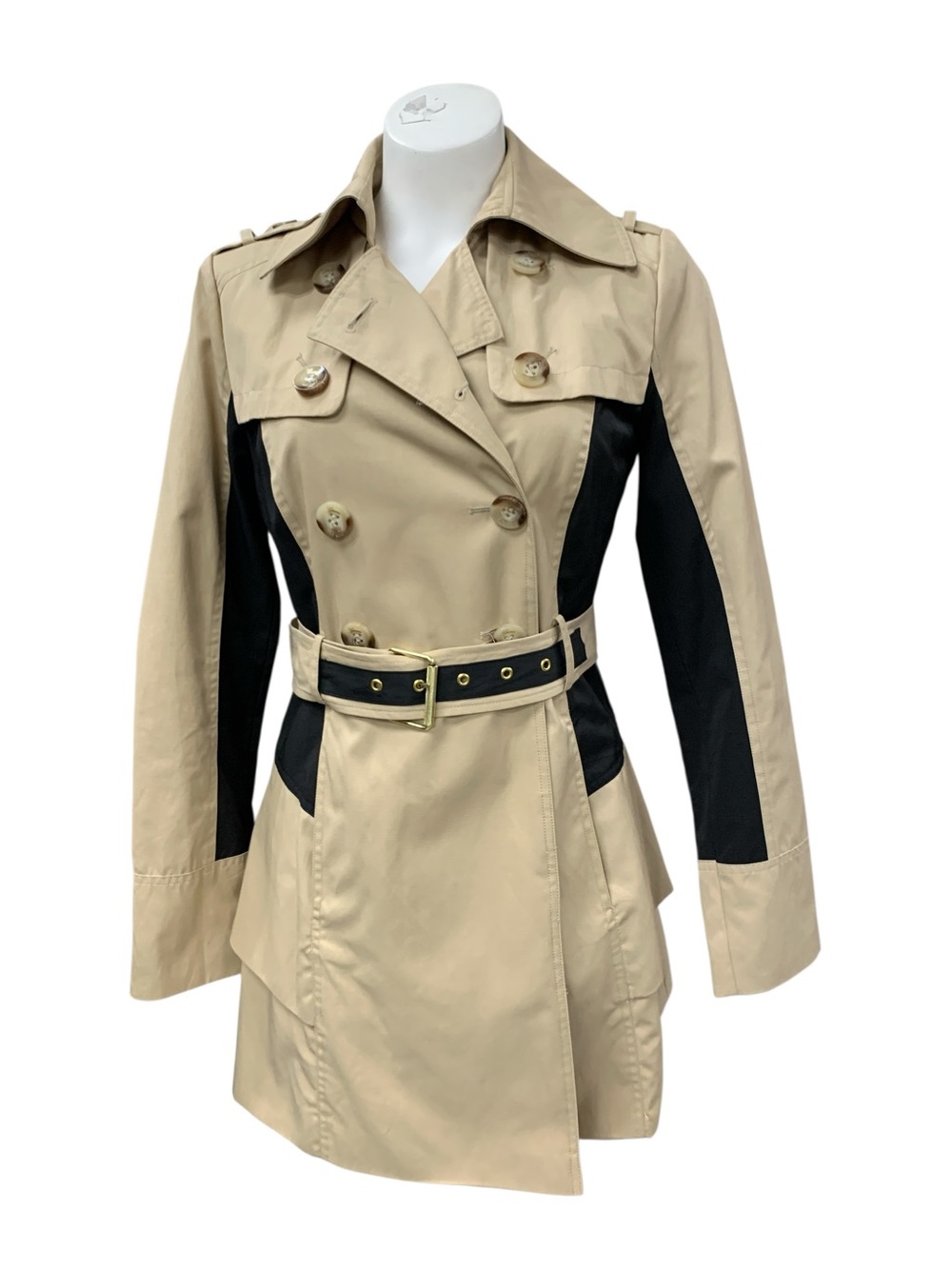 Guess Beige Trench Coat with Black Contrast Panels and Gold Buckle